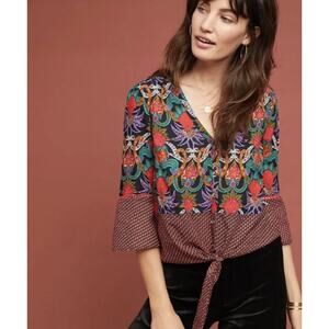 Anthropologie Maeve Carter Floral‎ Tie Front Button Blouse Multicolor Size 8